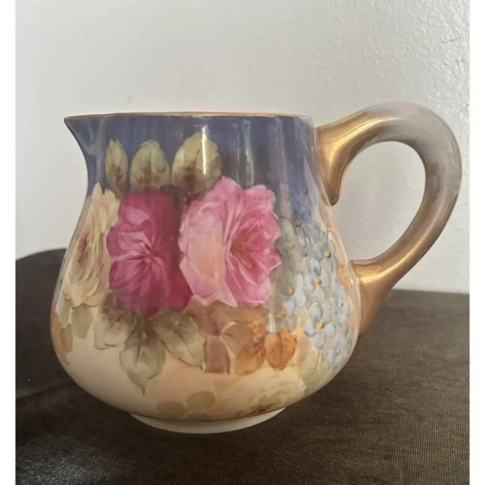 Antique B & M Limoges France Hand Painted Rose Drink Pitcher Gold Handle Collect